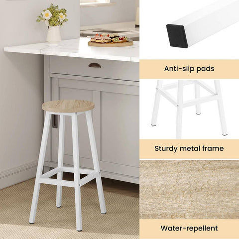 Rootz Bar Stools Set of 2 – Bistro Chairs – Kitchen Island Seating – Footrest, Scratch-Resistant, 30.5x64.5x30.5cm, Brown,WhiteMetal Frame