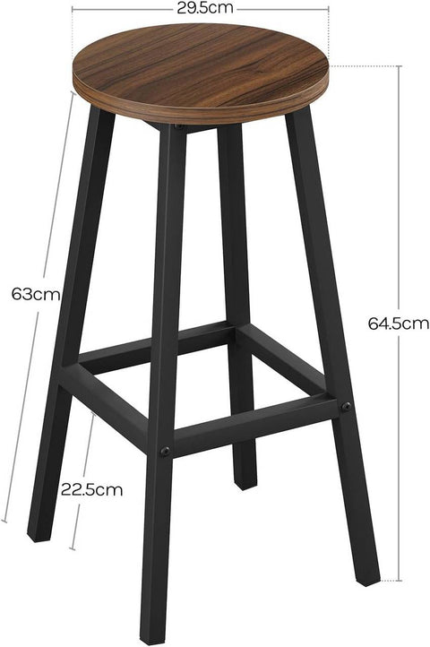 Rootz 2 Piece Set Round Bar Stools – Counter Stools – Bistro Chairs – Sturdy Metal Frame, Footrest, Scratch-Resistant, Brown 30.5x64.5x30.5 cm