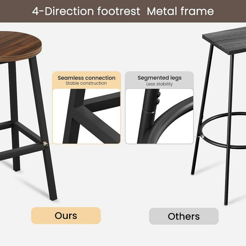 Rootz Round Bar Stools Set of 4 – Kitchen Island Chairs – Bistro Stools – Metal Frame – Footrest – Durable & Easy to Clean – 30.5x64.5x30.5cm – Brown