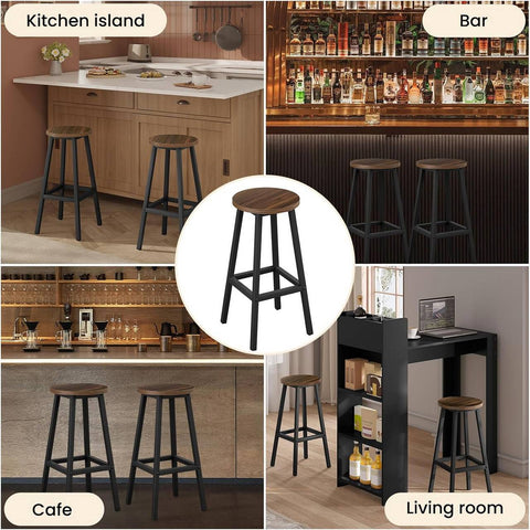 Rootz 2 Piece Set Round Bar Stools – Counter Stools – Bistro Chairs – Sturdy Metal Frame, Footrest, Scratch-Resistant, Brown 30.5x64.5x30.5 cm