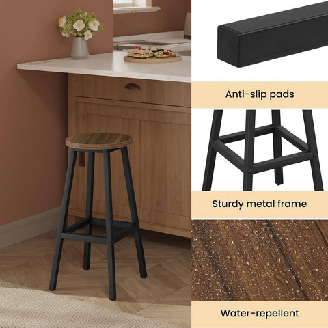 Rootz 2 Piece Set Round Bar Stools – Counter Stools – Bistro Chairs – Sturdy Metal Frame, Footrest, Scratch-Resistant, Brown 30.5x64.5x30.5 cm