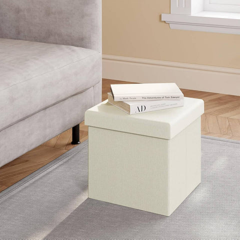 Rootz Storage Ottoman Stool - Cube Seat - Footrest Box - Padded Organizer - Space-Saving Comfort - 30x30x30cm Brown Linen