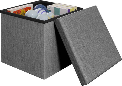 Rootz Storage Ottoman Stool - Cube Seat - Footrest - Linen Upholstered - Hidden Storage, Sturdy, 38x38x38 cm, Grey