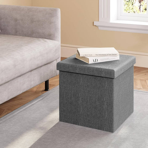 Rootz Storage Ottoman Stool - Cube Seat - Footrest - Linen Upholstered - Hidden Storage, Sturdy, 38x38x38 cm, Grey