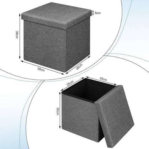 Rootz Storage Ottoman Stool - Cube Seat - Footrest - Linen Upholstered - Hidden Storage, Sturdy, 38x38x38 cm, Grey