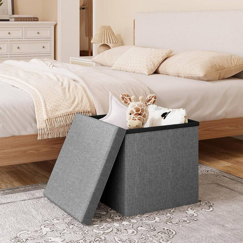 Rootz Storage Ottoman Stool - Cube Seat - Footrest - Linen Upholstered - Hidden Storage, Sturdy, 38x38x38 cm, Grey