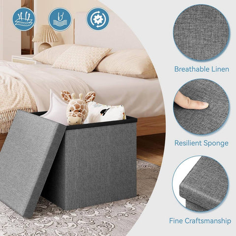 Rootz Storage Ottoman Stool - Cube Seat - Footrest - Linen Upholstered - Hidden Storage, Sturdy, 38x38x38 cm, Grey
