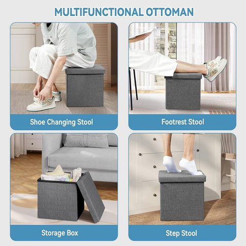 Rootz Storage Ottoman Stool - Cube Seat - Footrest - Linen Upholstered - Hidden Storage, Sturdy, 38x38x38 cm, Grey