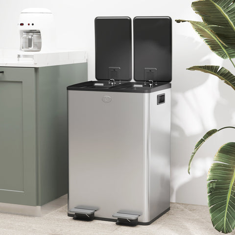 Rootz Double Kitchen Waste Bucket - Trash Can - Recycling Bin - Gentle Lid Closure - 45.8cm x 36cm x 67.6cm