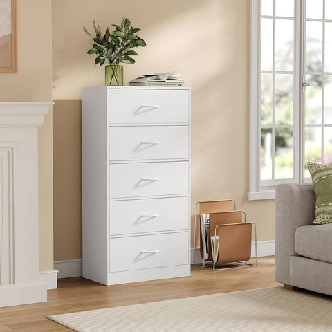 Rootz Narrow Chest of Drawers - Fabric Dresser - Storage Organizer - Ample Space - 5 Drawers - 55cm x 109cm x 30cm - White