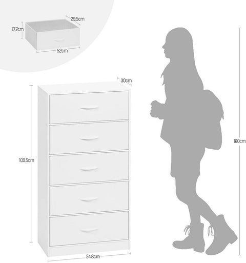 Rootz Narrow Chest of Drawers - Fabric Dresser - Storage Organizer - Ample Space - 5 Drawers - 55cm x 109cm x 30cm - White