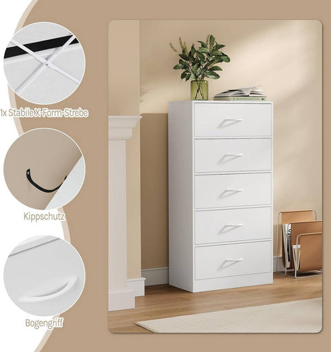Rootz Narrow Chest of Drawers - Fabric Dresser - Storage Organizer - Ample Space - 5 Drawers - 55cm x 109cm x 30cm - White