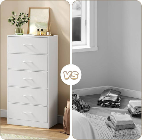 Rootz Narrow Chest of Drawers - Fabric Dresser - Storage Organizer - Ample Space - 5 Drawers - 55cm x 109cm x 30cm - White