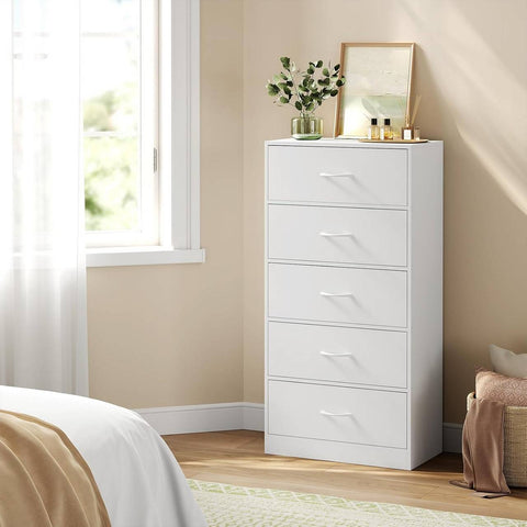 Rootz Narrow Chest of Drawers - Fabric Dresser - Storage Organizer - Ample Space - 5 Drawers - 55cm x 109cm x 30cm - White