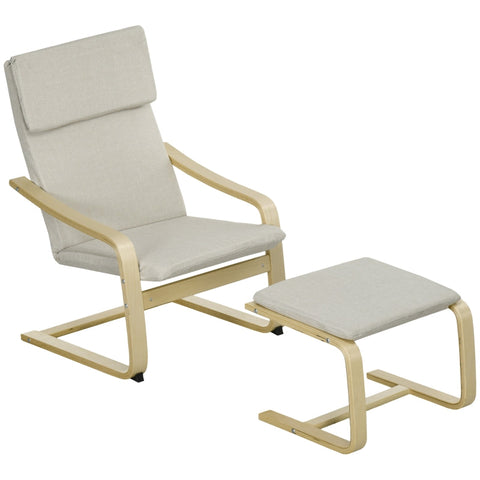 Rootz Armchair Set with Footstool - Upholstered Lounge Chair - Wooden Frame - Lightweight & Compact - Breathable Linen Fabric - Cream+Natural - 66.5cm x 80cm x 99cm