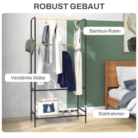 Rootz Clothes Rack - Coat Stand - Garment Rack - Steel Frame - Bamboo - 80.5cm x 40.5cm x 162.5cm - Organize Wardrobe - 2 Rails - Shoe Shelf