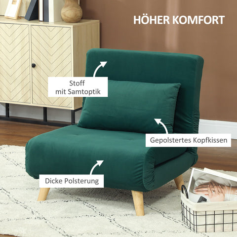 Rootz Folding Armchair with Bed Function - Recliner Chair - Green Velvet Chair - Supports 120kg - 72cm x 78cm x 79cm