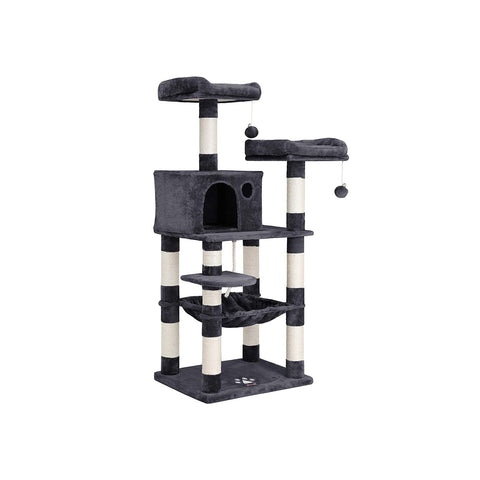 Rootz Cat Scratching Post - Cat Tree - Cat Climbing Frame - Stable Base Plate - Sisal Poles - Plush Cover - Cozy Cat House - Viewing Platforms - Hammock - Medium Size - Staircase Design - Smoke Gray - MDF, Plush, Sisal - 55cm x 45cm x 143cm