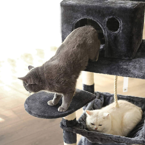 Rootz Cat Scratching Post - Cat Tree - Cat Climbing Frame - Stable Base Plate - Sisal Poles - Plush Cover - Cozy Cat House - Viewing Platforms - Hammock - Medium Size - Staircase Design - Smoke Gray - MDF, Plush, Sisal - 55cm x 45cm x 143cm