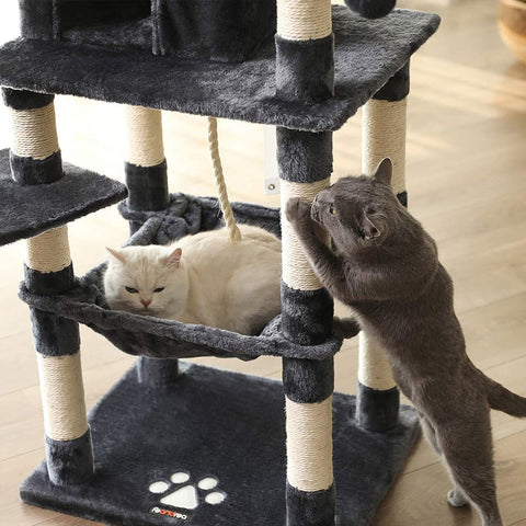 Rootz Cat Scratching Post - Cat Tree - Cat Climbing Frame - Stable Base Plate - Sisal Poles - Plush Cover - Cozy Cat House - Viewing Platforms - Hammock - Medium Size - Staircase Design - Smoke Gray - MDF, Plush, Sisal - 55cm x 45cm x 143cm