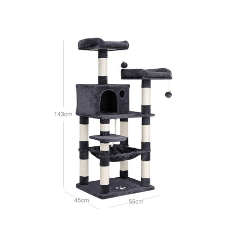 Rootz Cat Scratching Post - Cat Tree - Cat Climbing Frame - Stable Base Plate - Sisal Poles - Plush Cover - Cozy Cat House - Viewing Platforms - Hammock - Medium Size - Staircase Design - Smoke Gray - MDF, Plush, Sisal - 55cm x 45cm x 143cm