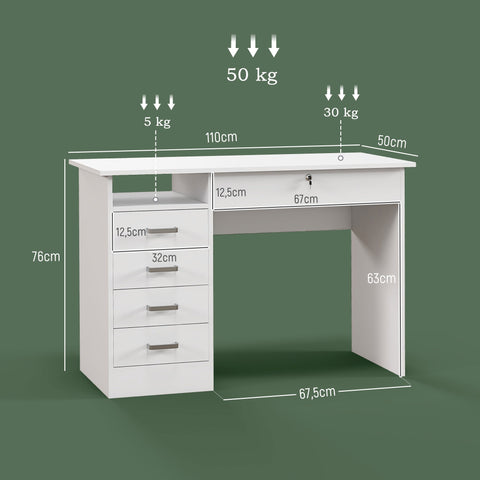 Rootz Modern Desk with 5 Drawers - Workspace Table - White Office Desk - Lockable Storage - 110 x 50 x 76cm