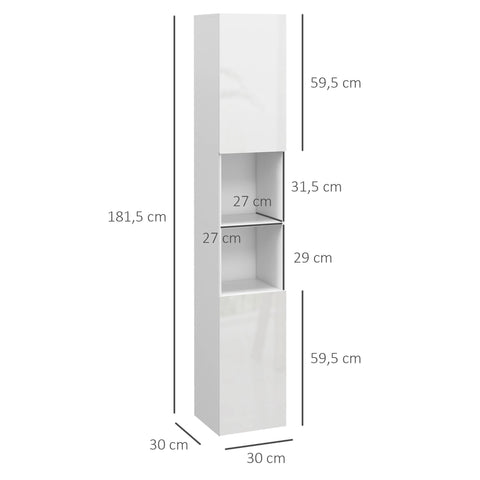 Rootz Bathroom Tall Cabinet - Storage Unit - Space-Saving - Adjustable Shelves - 30 x 30 x 181.5cm White