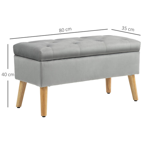 Rootz Upholstered Storage Bench - Velvet Stool - Padded Chest - Comfort Seating - 80cm x 35cm x 40cm - Grey