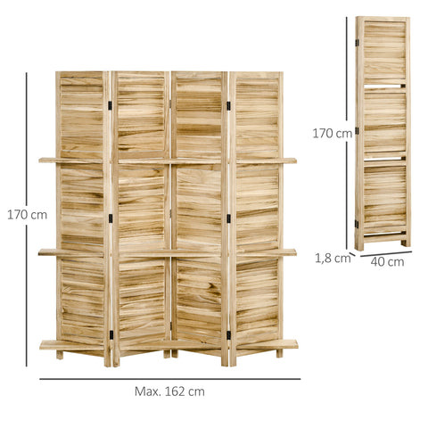 Rootz Room Divider 4 Panel Screen - Folding Room Partition - Privacy Screen - Paulownia Wood - 162x170cm with 3 Shelves
