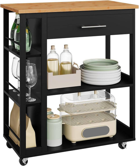 Rootz Kitchen Trolley with Worktop - Serving Cart - Rolling Storage Cabinet - Mobile Organizer - Space-Saving, Easy Clean - Black, 73x88x38cm