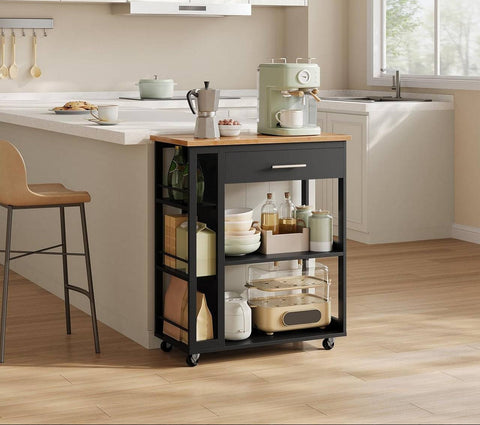 Rootz Kitchen Trolley with Worktop - Serving Cart - Rolling Storage Cabinet - Mobile Organizer - Space-Saving, Easy Clean - Black, 73x88x38cm