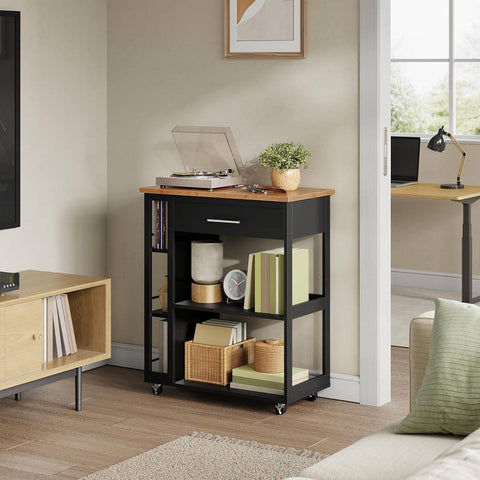 Rootz Kitchen Trolley with Worktop - Serving Cart - Rolling Storage Cabinet - Mobile Organizer - Space-Saving, Easy Clean - Black, 73x88x38cm