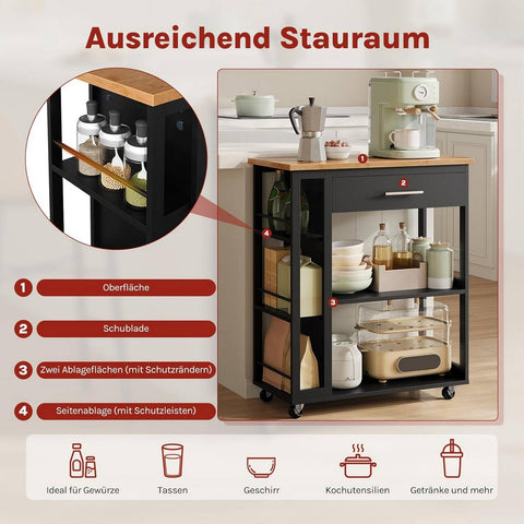Rootz Kitchen Trolley with Worktop - Serving Cart - Rolling Storage Cabinet - Mobile Organizer - Space-Saving, Easy Clean - Black, 73x88x38cm