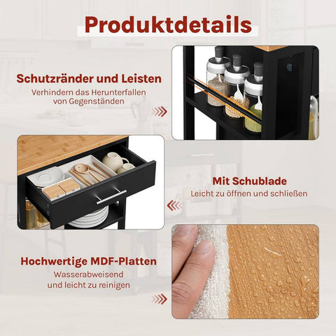 Rootz Kitchen Trolley with Worktop - Serving Cart - Rolling Storage Cabinet - Mobile Organizer - Space-Saving, Easy Clean - Black, 73x88x38cm