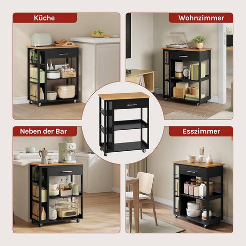 Rootz Kitchen Trolley with Worktop - Serving Cart - Rolling Storage Cabinet - Mobile Organizer - Space-Saving, Easy Clean - Black, 73x88x38cm
