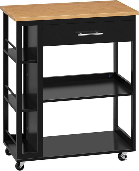 Rootz Kitchen Trolley with Worktop - Serving Cart - Rolling Storage Cabinet - Mobile Organizer - Space-Saving, Easy Clean - Black, 73x88x38cm