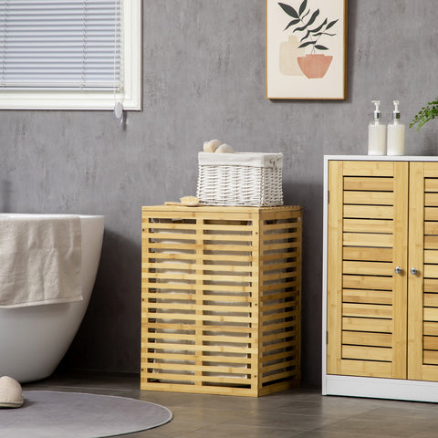 Rootz Bamboo Laundry Basket - Storage Bin - Clothes Hamper - Removable Fabric Bag - 44cm x 37cm x 62.5cm