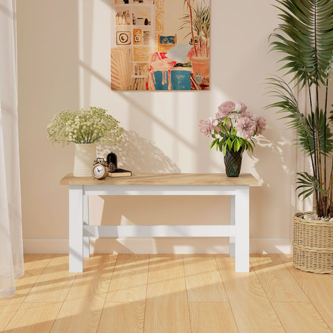 Rootz Bench for 2 - Brown and White-Look Seat - Dining & Living Room Bench - Stabilizing Crossbar - Rubber Wood - 95cm x 30cm x 45cm