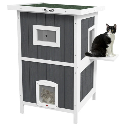 Rootz Kattenhuis - Kattengrot Buiten - Weerbestendig - Dubbeldekker Design - Springplatform - Sparrenhout-kunststof - Grijs-wit-groen - 60 x 60 x 90,5 cm