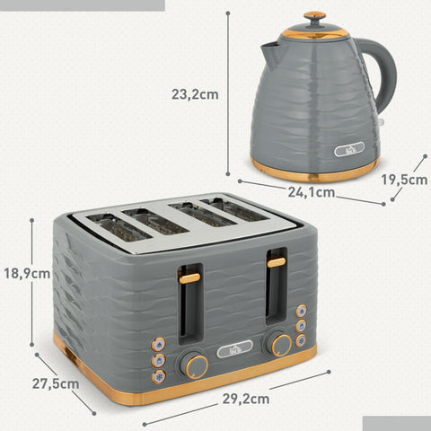 Rootz Kettle Toaster Set - Pebble Design - 7 Browning Levels - 1.7L Capacity - LED Indicators - Automatic Centering - 29.2cm x 27.5cm x 18.9cm