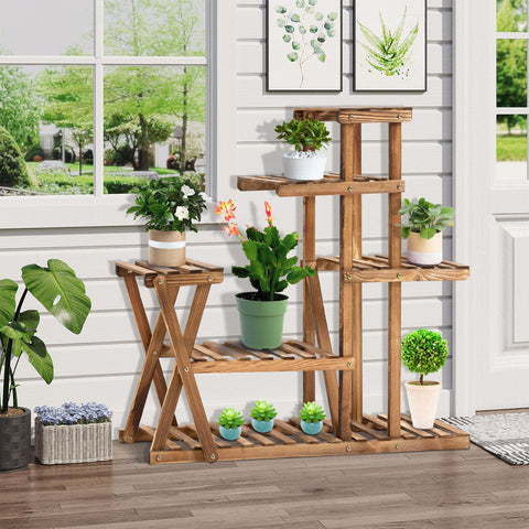 Rootz Wooden Flower Rack Plant Stand - Flower Stand - 6 Tier Shelves - Charred Pine - Indoor & Outdoor Use - 98L x 28W x 95H cm
