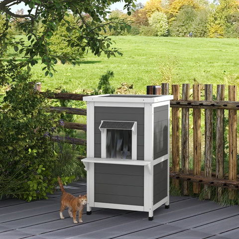 Rootz Cat House - Two Levels - Outdoor - Weatherproof - Fir Wood - White + Gray - 60 cm x 60 cm x 81.5 cm