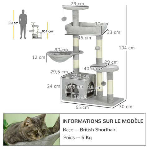 Rootz Cat Scratching Post - Multi-Activity Center - Cat Tree - Entertains & Protects Furniture - 65L x 30W x 104H cm