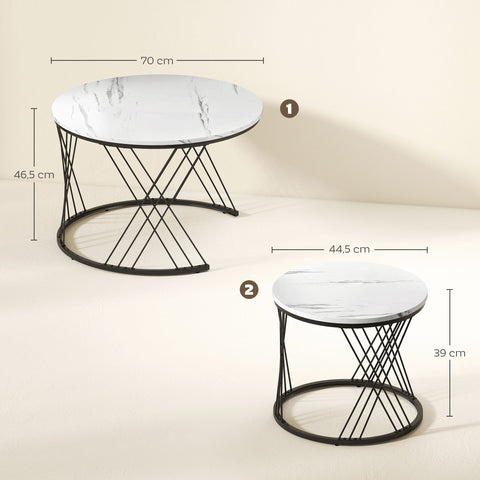 Rootz 2 Piece Set Couch Tables - Round Coffee Table - Marble Look Living Room Tables - Space Saving - Ø70 x 46.5cm & Ø44 x 39cm