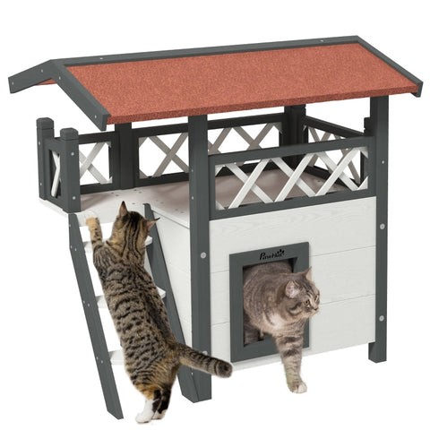 Rootz Cat House - Pet Kennel - Asphalt Roof - 2 Levels  1 Ladder - Fir Wood - White + Red - L77 x W50 x H73 cm