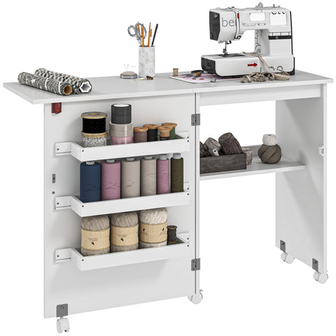 Rootz Foldable Sewing Table - Craft Station - Space-Saving Side Cabinet - Ample Storage Compartments - 118cm x 40cm x 79.5cm