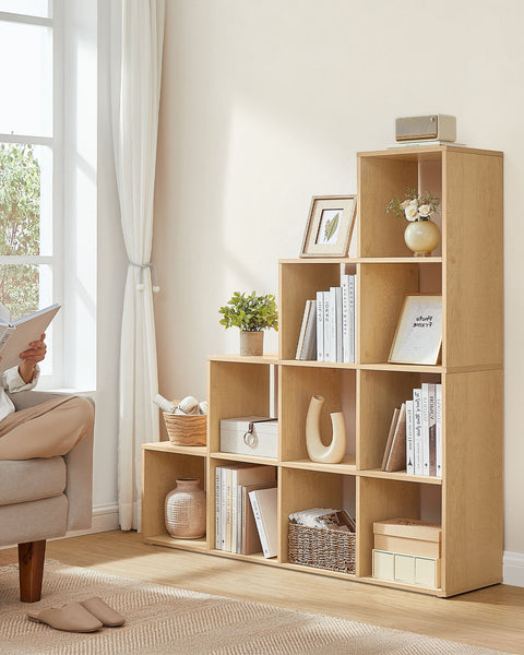 Rootz 10 Compartment Bookcase - Oak Beige - Chipboard - Storage Organizer - 29cm x 129.5cm x 129.5cm
