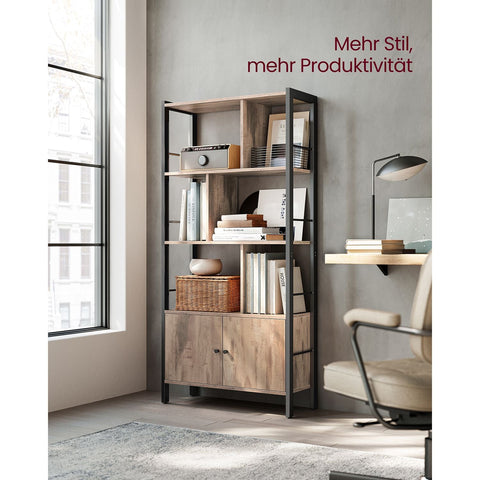 Rootz Oak Brown-Black Bookshelf - Storage Rack - Chipboard Steel - Adjustable Shelves - 30cm x 74cm x 154.5cm
