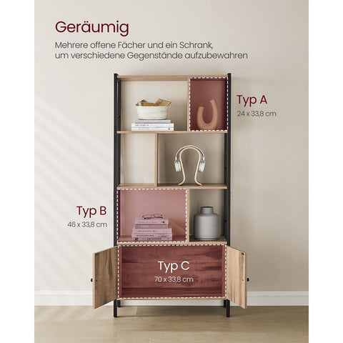 Rootz Oak Brown-Black Bookshelf - Storage Rack - Chipboard Steel - Adjustable Shelves - 30cm x 74cm x 154.5cm