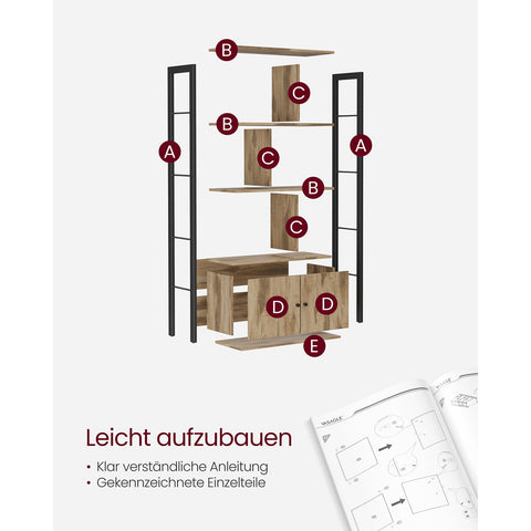 Rootz Oak Brown-Black Bookshelf - Storage Rack - Chipboard Steel - Adjustable Shelves - 30cm x 74cm x 154.5cm